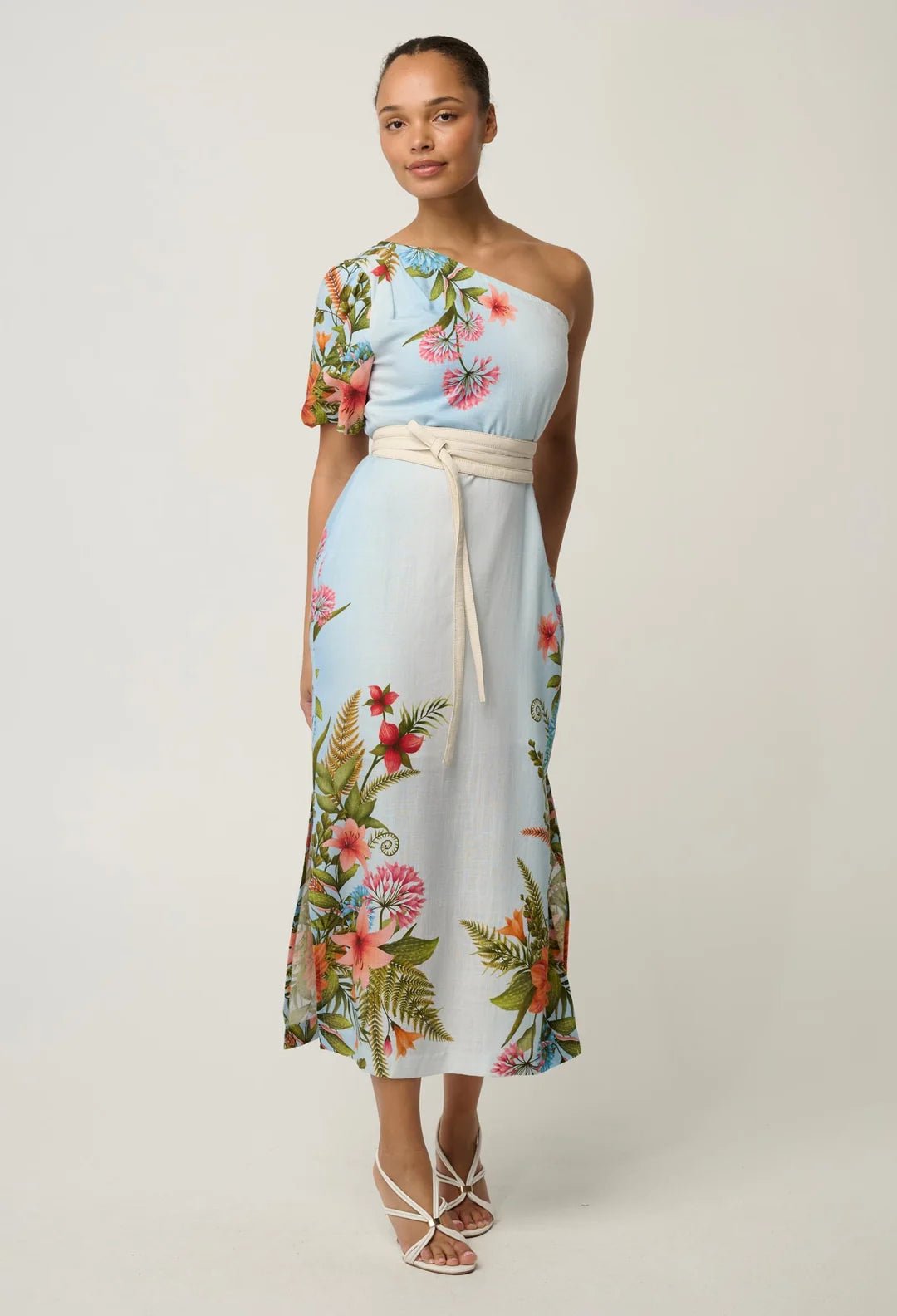 Shop Oncewas Elodie One Shoulder Linen Viscose Dress in Bloomscape - OnceWas