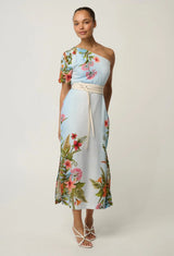 Oncewas Elodie One Shoulder Linen Viscose Dress in Bloomscape