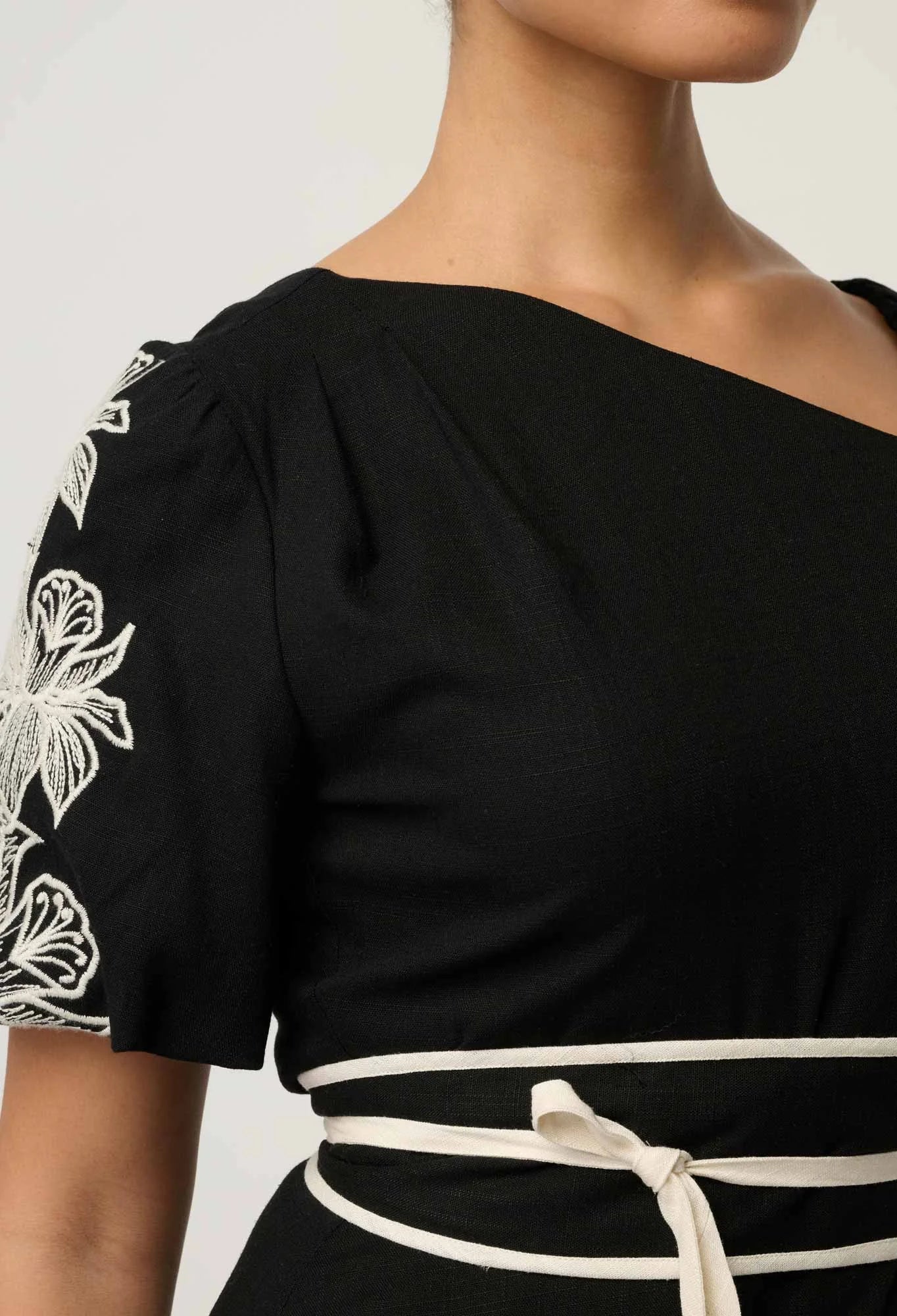 Shop Oncewas Elodie One Shoulder Linen Viscose Embroidery Dress in Black - OnceWas