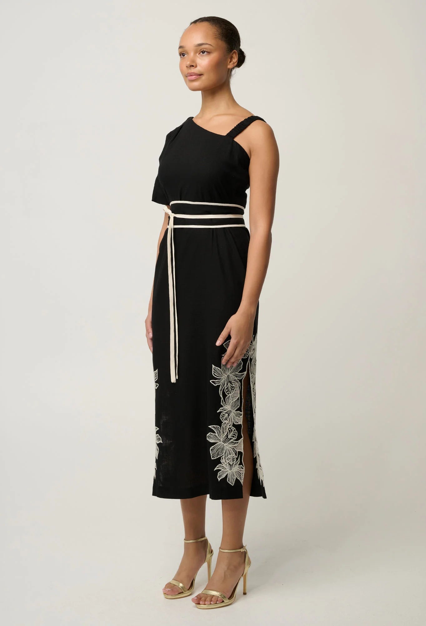 Shop Oncewas Elodie One Shoulder Linen Viscose Embroidery Dress in Black - OnceWas