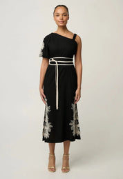 Shop Oncewas Elodie One Shoulder Linen Viscose Embroidery Dress in Black - OnceWas