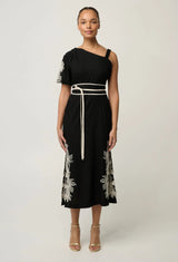 Oncewas Elodie One Shoulder Linen Viscose Embroidery Dress in Black