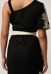 Shop Oncewas Elodie One Shoulder Linen Viscose Embroidery Dress in Black - OnceWas