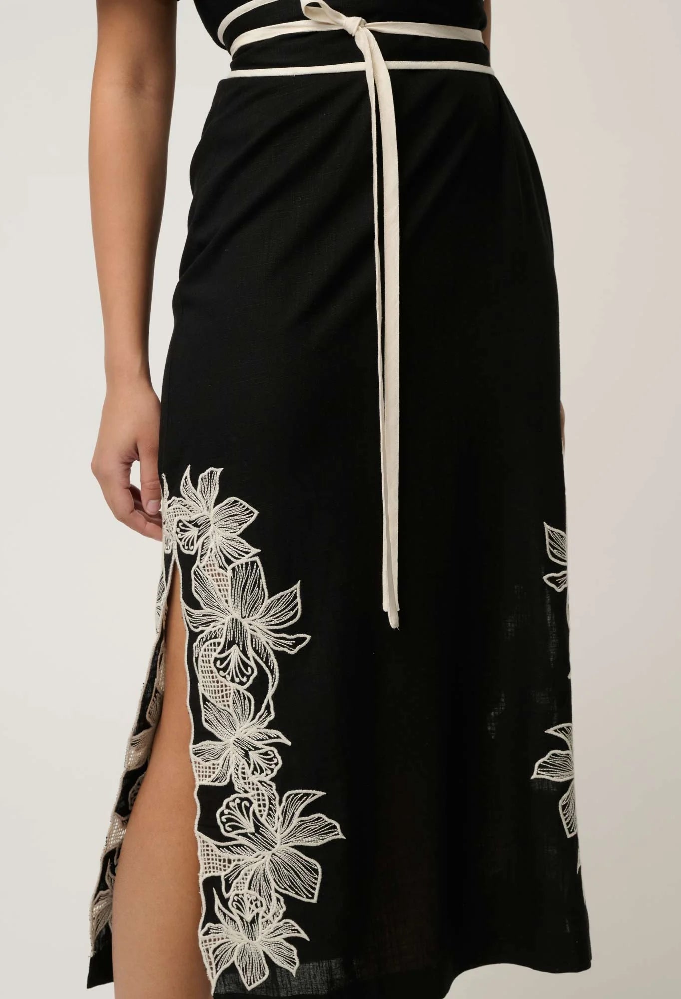 Shop Oncewas Elodie One Shoulder Linen Viscose Embroidery Dress in Black - OnceWas