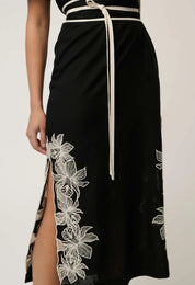Shop Oncewas Elodie One Shoulder Linen Viscose Embroidery Dress in Black - OnceWas