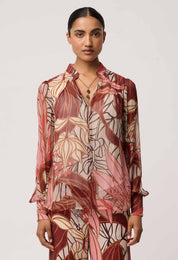 Shop Oncewas Freya Sheer Viscose Blouse with Embellished Neck Detail in Cathedral Botanic - OnceWas