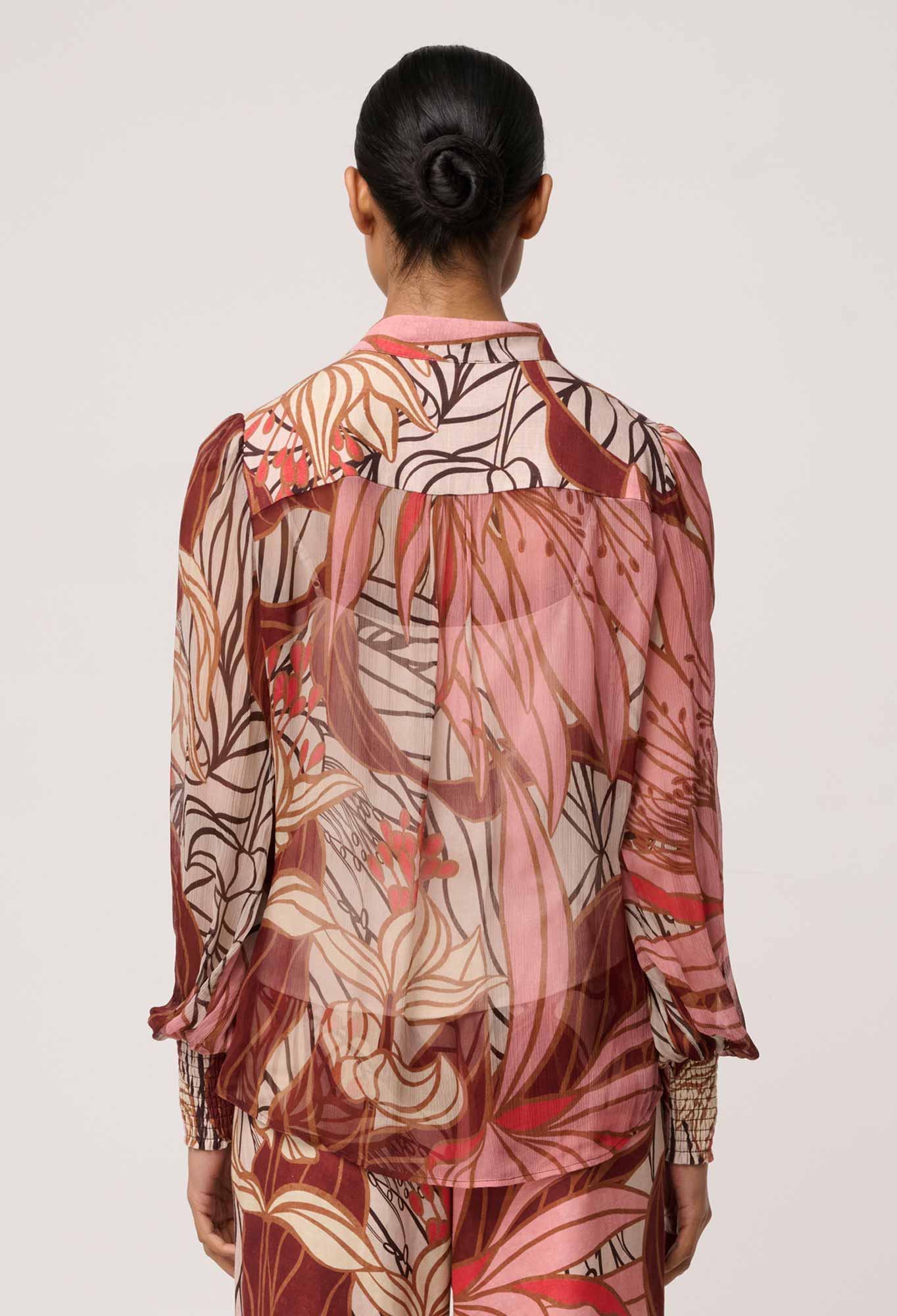 Shop Oncewas Freya Sheer Viscose Blouse with Embellished Neck Detail in Cathedral Botanic - OnceWas