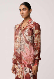 Shop Oncewas Freya Sheer Viscose Blouse with Embellished Neck Detail in Cathedral Botanic - OnceWas