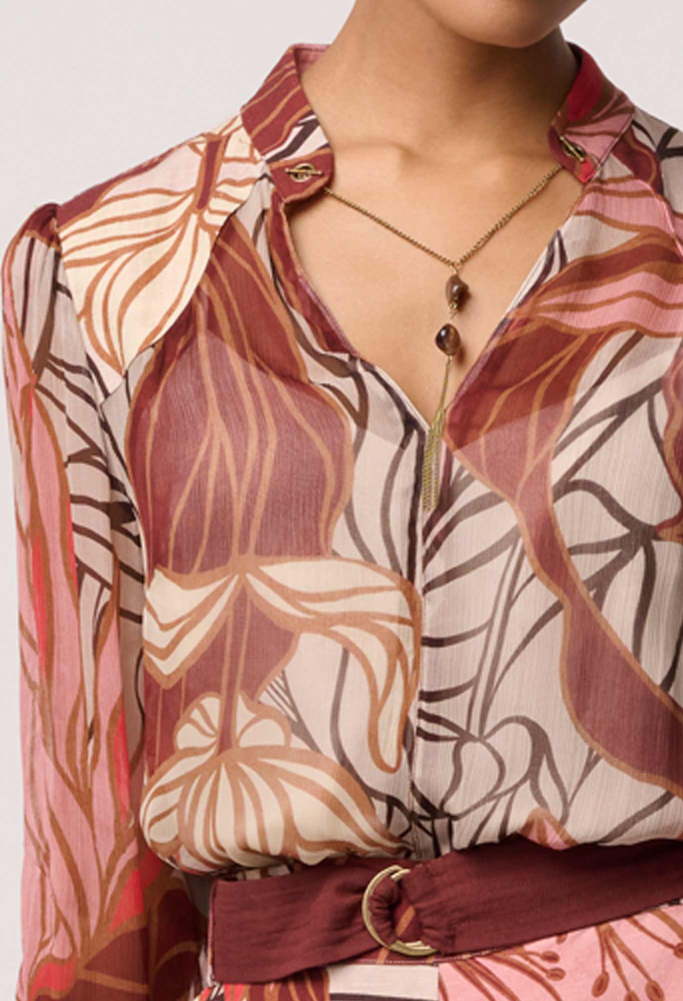 Shop Oncewas Freya Sheer Viscose Blouse with Embellished Neck Detail in Cathedral Botanic - OnceWas