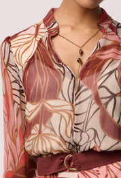 Shop Oncewas Freya Sheer Viscose Blouse with Embellished Neck Detail in Cathedral Botanic - OnceWas