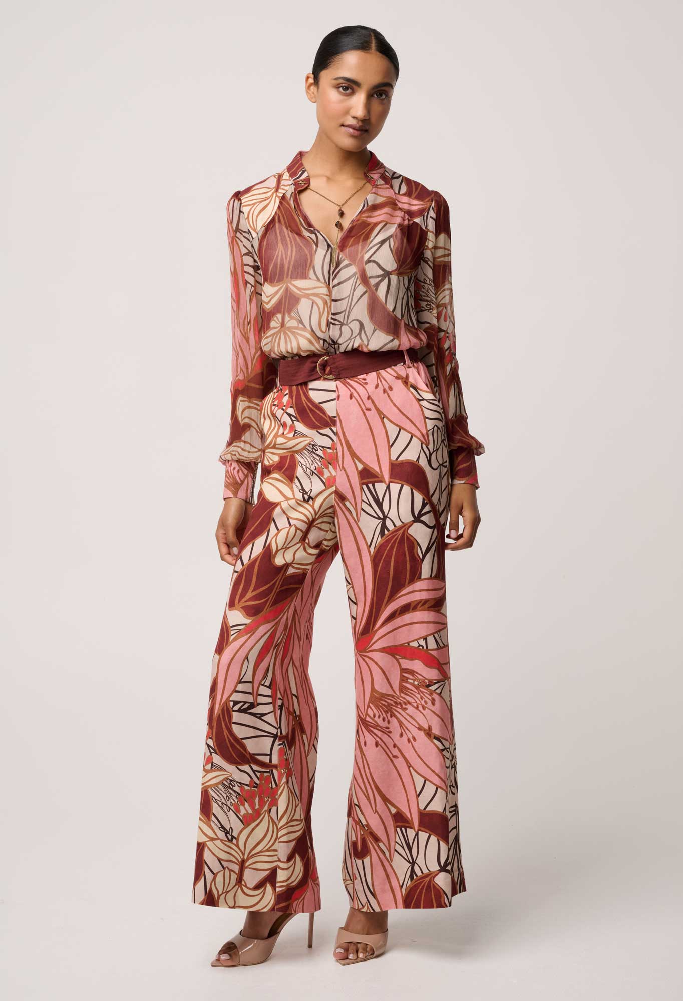 Shop Oncewas Freya Sheer Viscose Blouse with Embellished Neck Detail in Cathedral Botanic - OnceWas