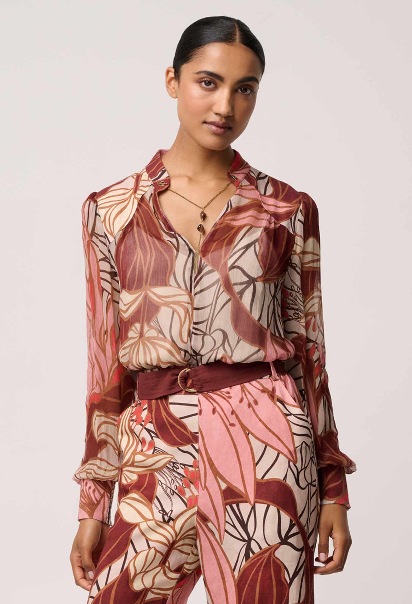 Shop Oncewas Freya Sheer Viscose Blouse with Embellished Neck Detail in Cathedral Botanic - OnceWas