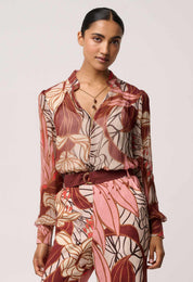 Shop Oncewas Freya Sheer Viscose Blouse with Embellished Neck Detail in Cathedral Botanic - OnceWas