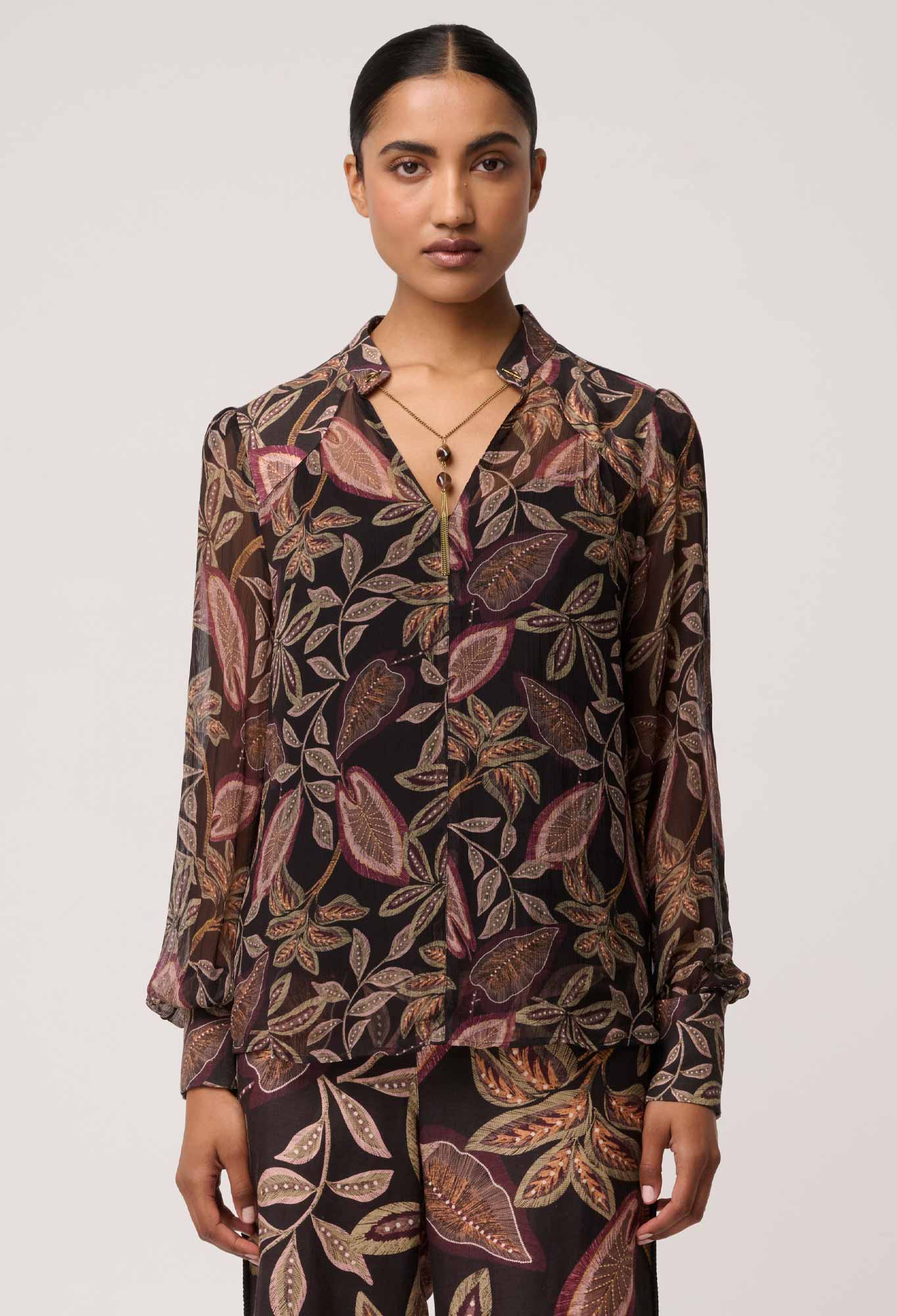 Shop Oncewas Freya Sheer Viscose Blouse with Embellished Neck in Dark Tropique - OnceWas