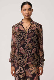 Shop Oncewas Freya Sheer Viscose Blouse with Embellished Neck in Dark Tropique - OnceWas