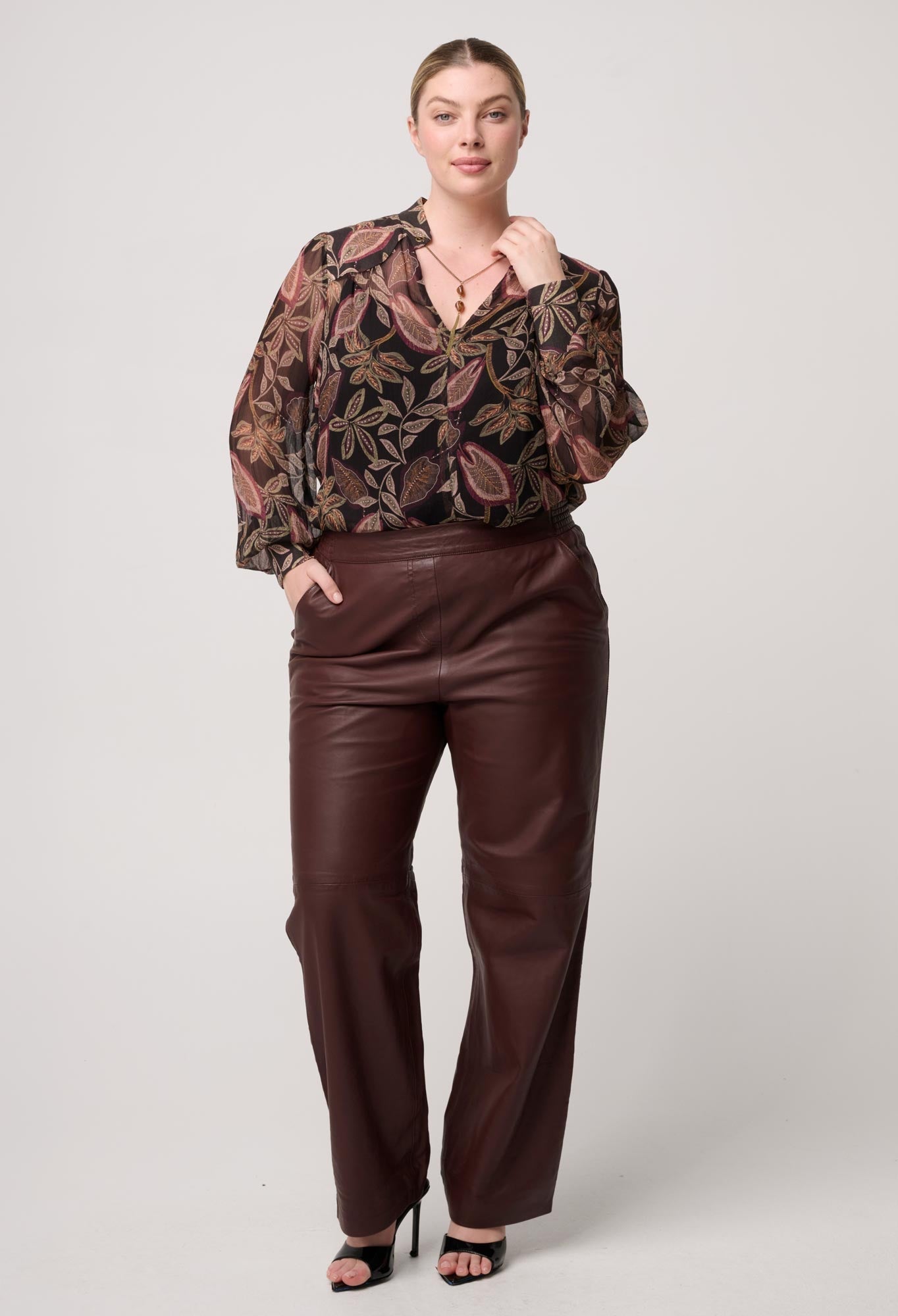 Shop Oncewas Freya Sheer Viscose Blouse with Embellished Neck in Dark Tropique - OnceWas