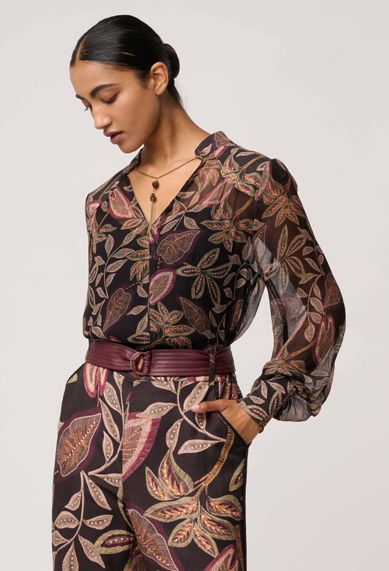 Shop Oncewas Freya Sheer Viscose Blouse with Embellished Neck in Dark Tropique - OnceWas
