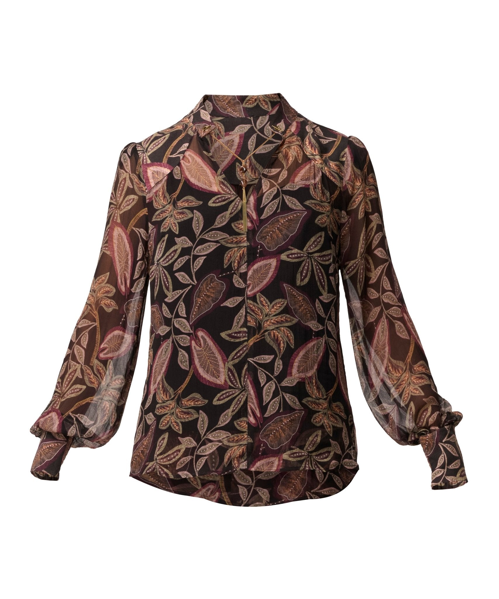 Shop Oncewas Freya Sheer Viscose Blouse with Embellished Neck in Dark Tropique - OnceWas