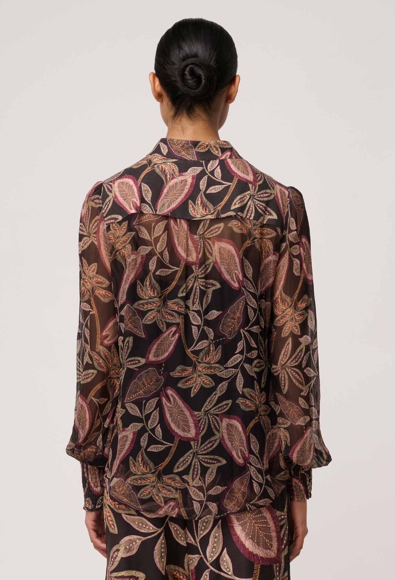 Shop Oncewas Freya Sheer Viscose Blouse with Embellished Neck in Dark Tropique - OnceWas