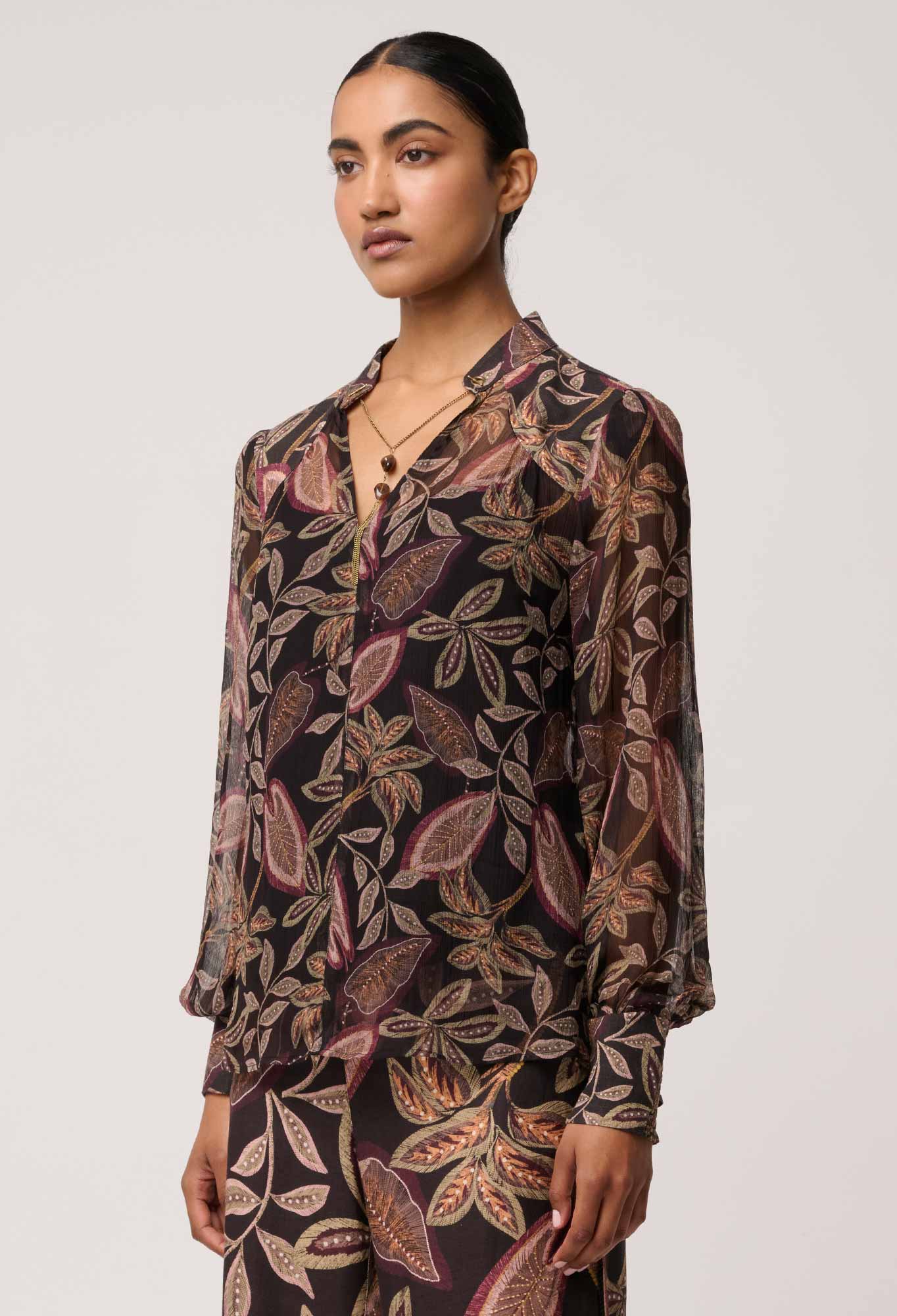 Shop Oncewas Freya Sheer Viscose Blouse with Embellished Neck in Dark Tropique - OnceWas