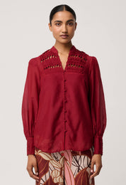Shop Oncewas Gillian Cotton Silk Smocked Shirt in Ruby - OnceWas