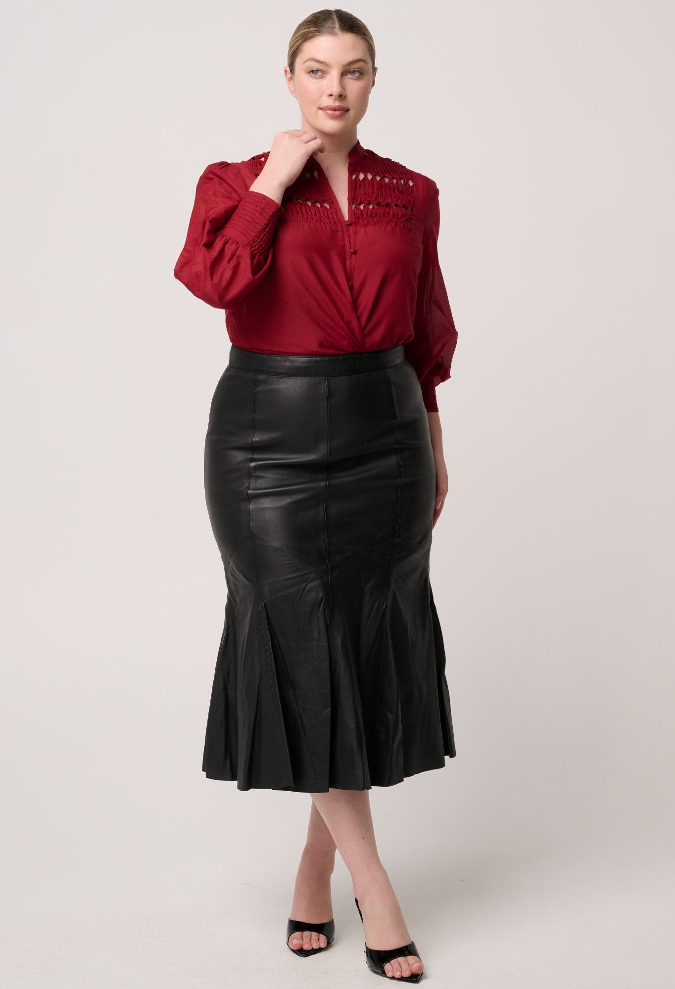 Shop Oncewas Gillian Cotton Silk Smocked Shirt in Ruby - OnceWas