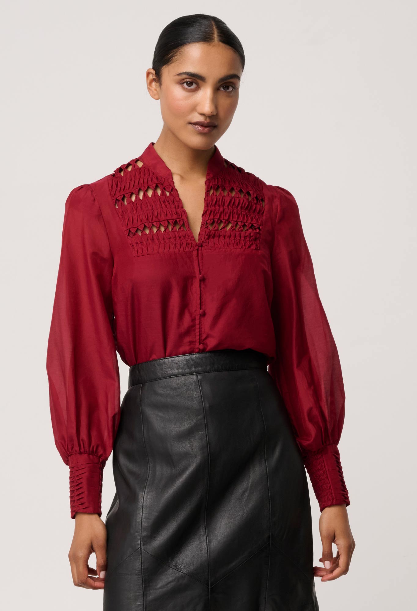Shop Oncewas Gillian Cotton Silk Smocked Shirt in Ruby - OnceWas