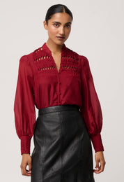 Shop Oncewas Gillian Cotton Silk Smocked Shirt in Ruby - OnceWas