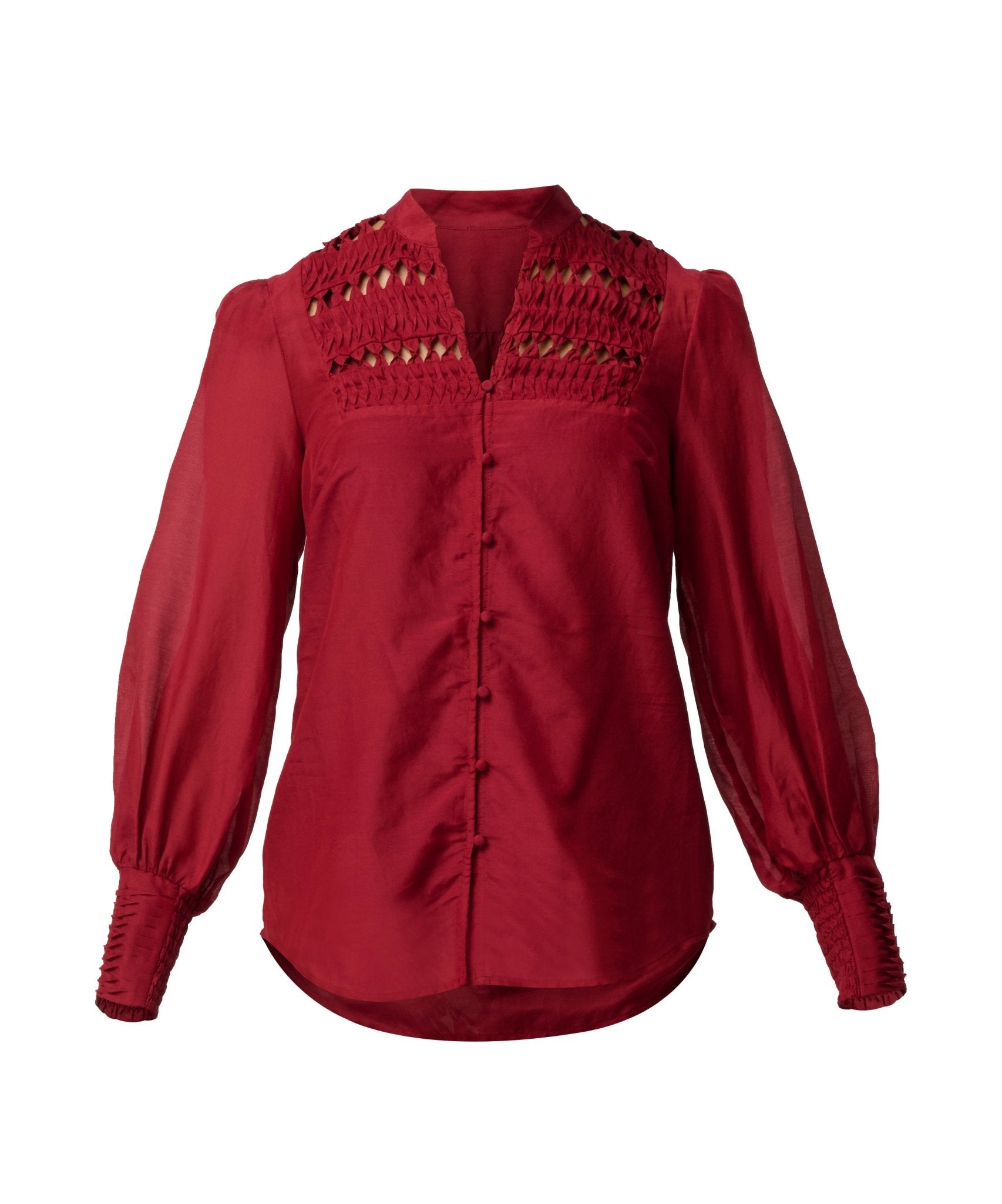 Shop Oncewas Gillian Cotton Silk Smocked Shirt in Ruby - OnceWas