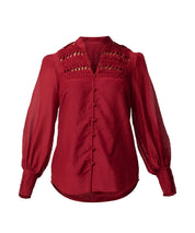 Shop Oncewas Gillian Cotton Silk Smocked Shirt in Ruby - OnceWas