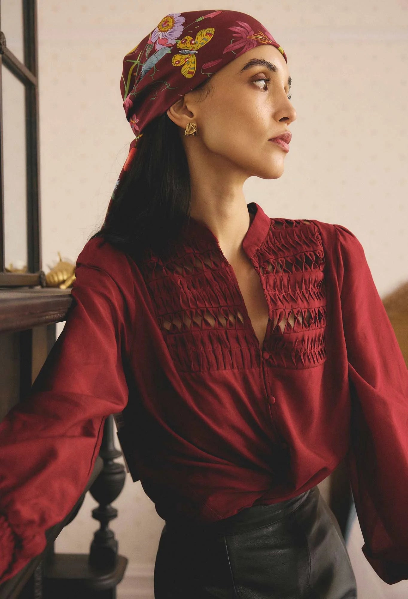 Shop Oncewas Gillian Cotton Silk Smocked Shirt in Ruby - OnceWas