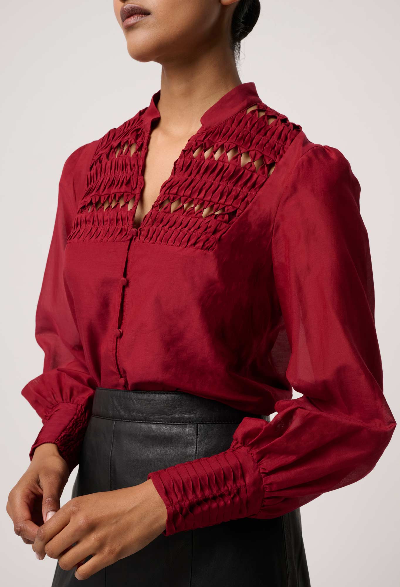 Shop Oncewas Gillian Cotton Silk Smocked Shirt in Ruby - OnceWas