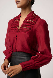 Shop Oncewas Gillian Cotton Silk Smocked Shirt in Ruby - OnceWas