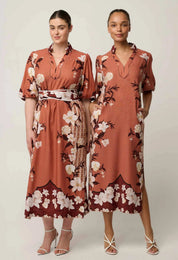 Shop Oncewas Gisela Linen Viscose Printed Column Midi Dress in Amber Vine - OnceWas