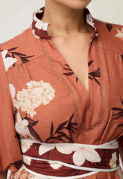 Shop Oncewas Gisela Linen Viscose Printed Column Midi Dress in Amber Vine - OnceWas