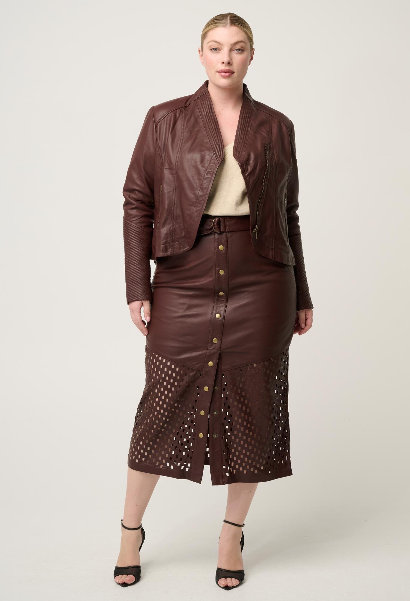 Shop Oncewas Hypnotic Leather Custom Laser Midi Skirt in Oxblood - OnceWas