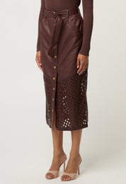 Shop Oncewas Hypnotic Leather Custom Laser Midi Skirt in Oxblood - OnceWas