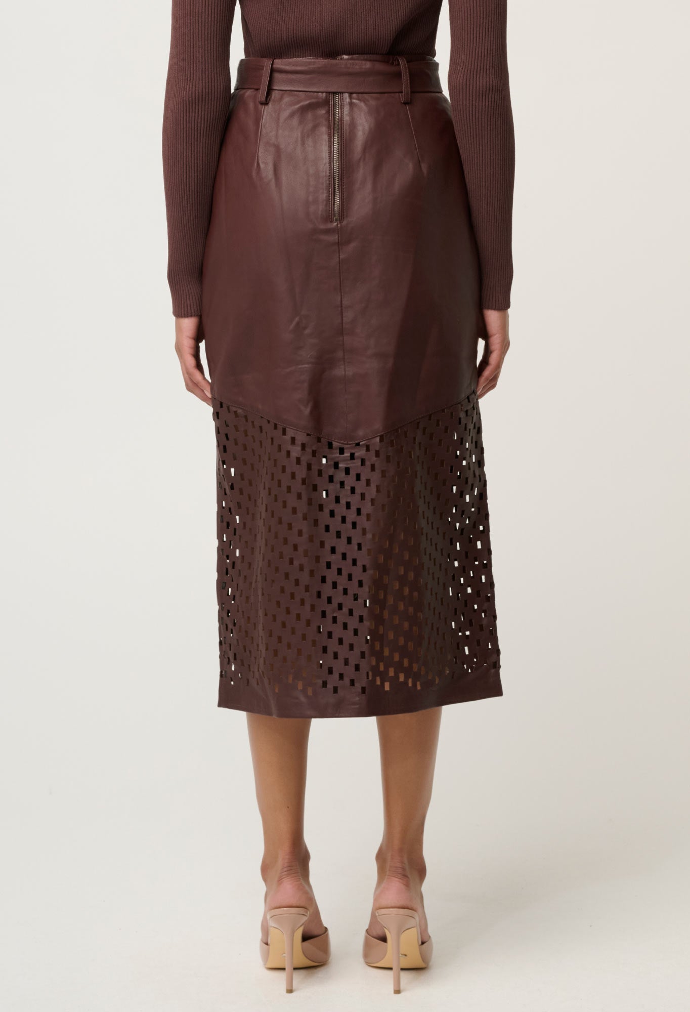 Shop Oncewas Hypnotic Leather Custom Laser Midi Skirt in Oxblood - OnceWas