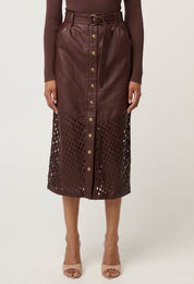 Shop Oncewas Hypnotic Leather Custom Laser Midi Skirt in Oxblood - OnceWas
