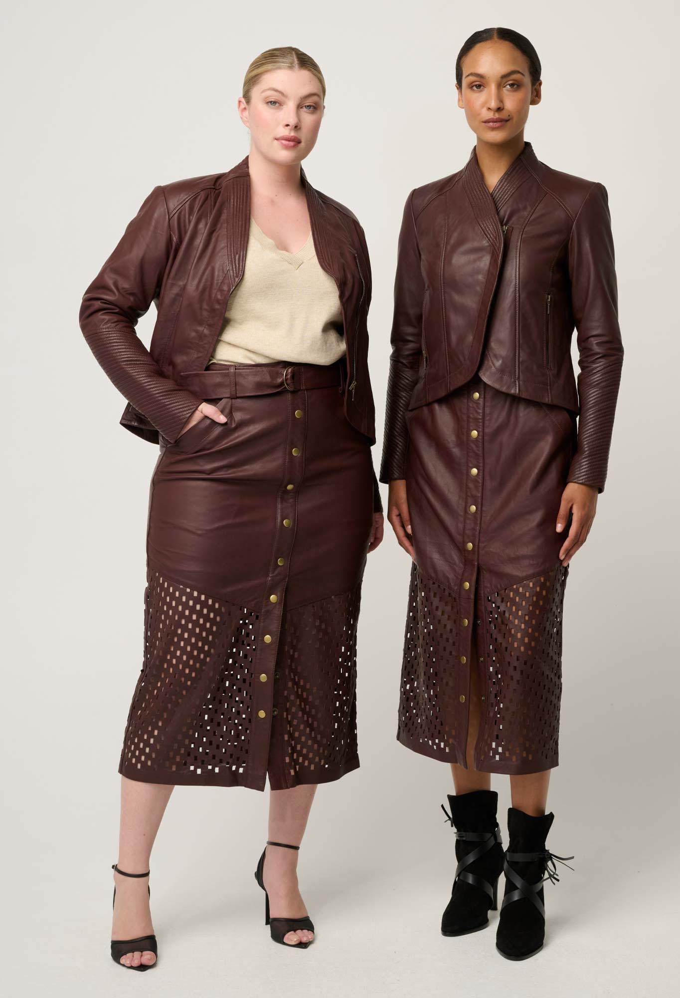 Shop Oncewas Hypnotic Leather Custom Laser Midi Skirt in Oxblood - OnceWas