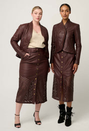 Shop Oncewas Hypnotic Leather Custom Laser Midi Skirt in Oxblood - OnceWas