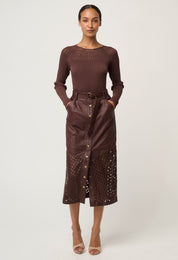 Shop Oncewas Hypnotic Leather Custom Laser Midi Skirt in Oxblood - OnceWas