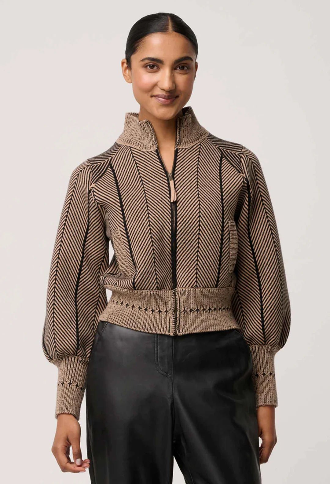 Shop Oncewas Jeanne Wool Blend Textured Knit Bomber Jacket in Tan Chevron - OnceWas