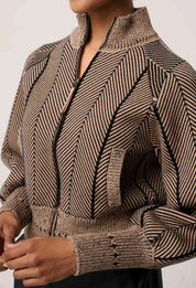 Shop Oncewas Jeanne Wool Blend Textured Knit Bomber Jacket in Tan Chevron - OnceWas