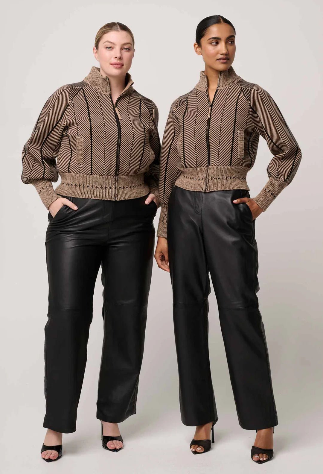 Shop Oncewas Jeanne Wool Blend Textured Knit Bomber Jacket in Tan Chevron - OnceWas