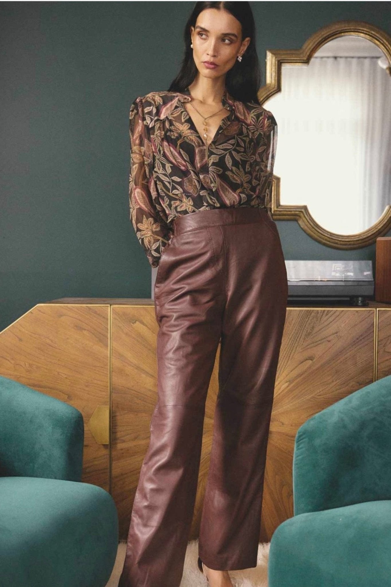 Shop Oncewas Joan Leather Elasticated Waist Straight Leg Pant in Oxblood - OnceWas