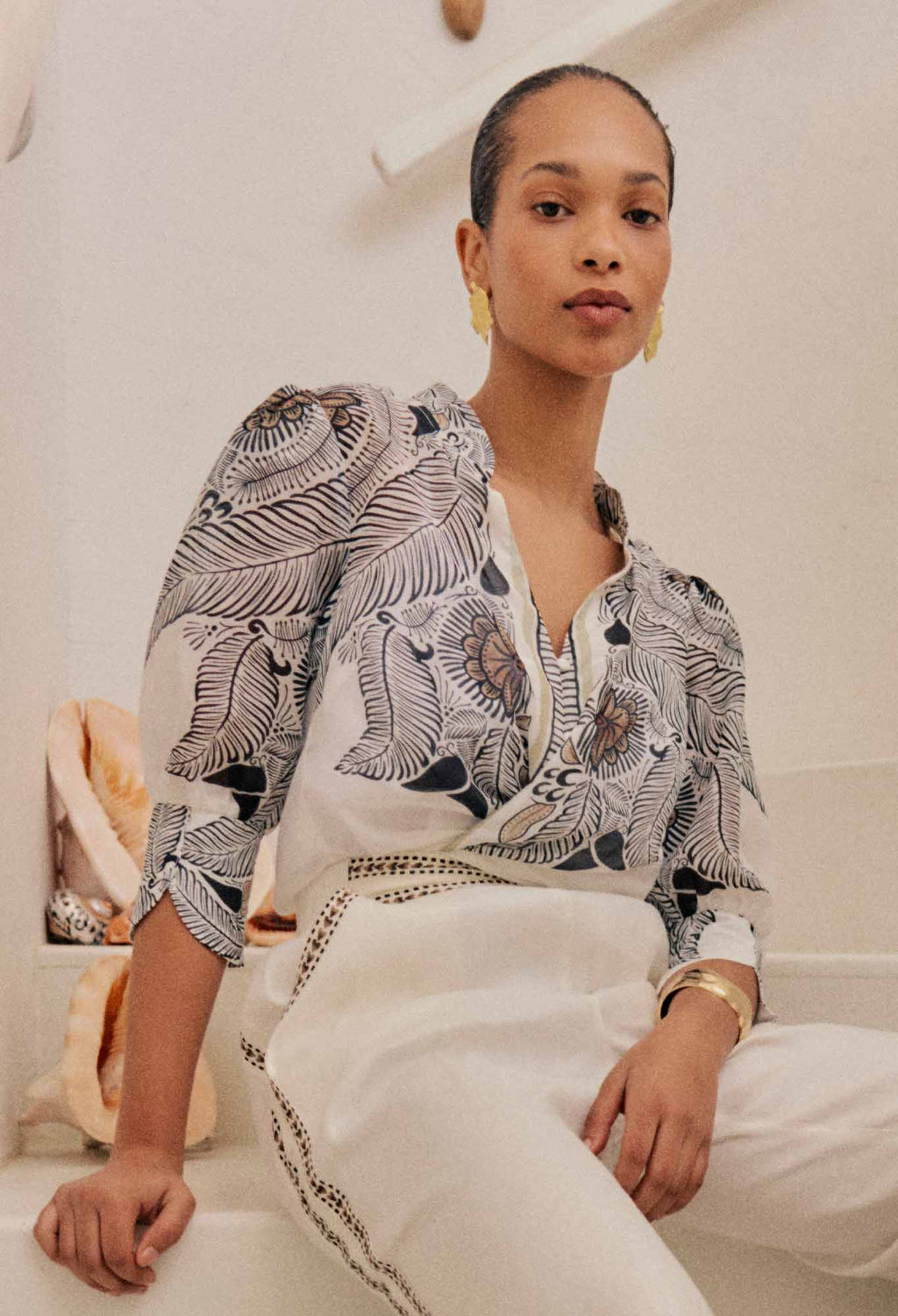 Shop Oncewas Leila Silk Cotton Print Curved Collar Shirt in Ivory Casablanca - OnceWas