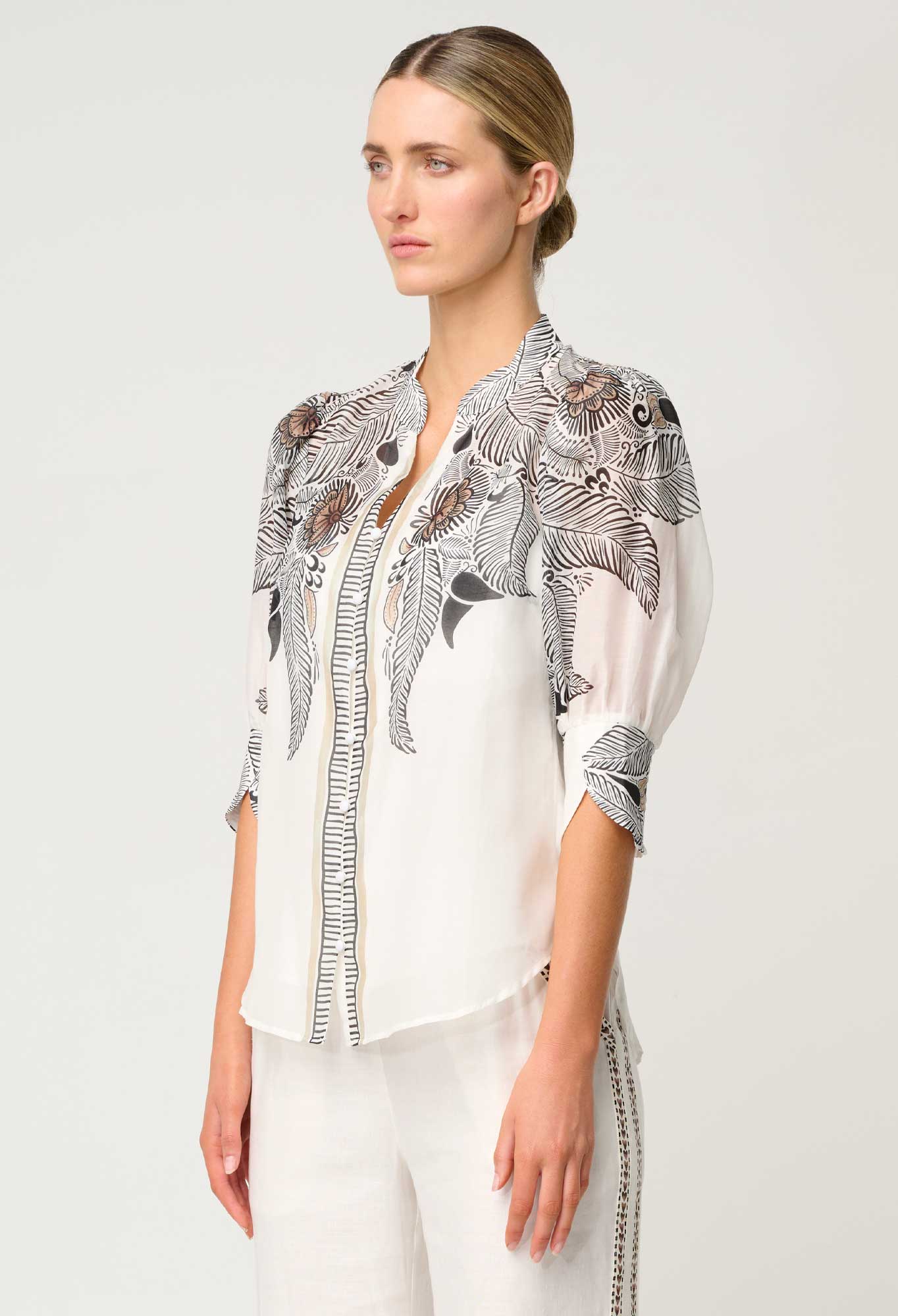Shop Oncewas Leila Silk Cotton Print Curved Collar Shirt in Ivory Casablanca - OnceWas