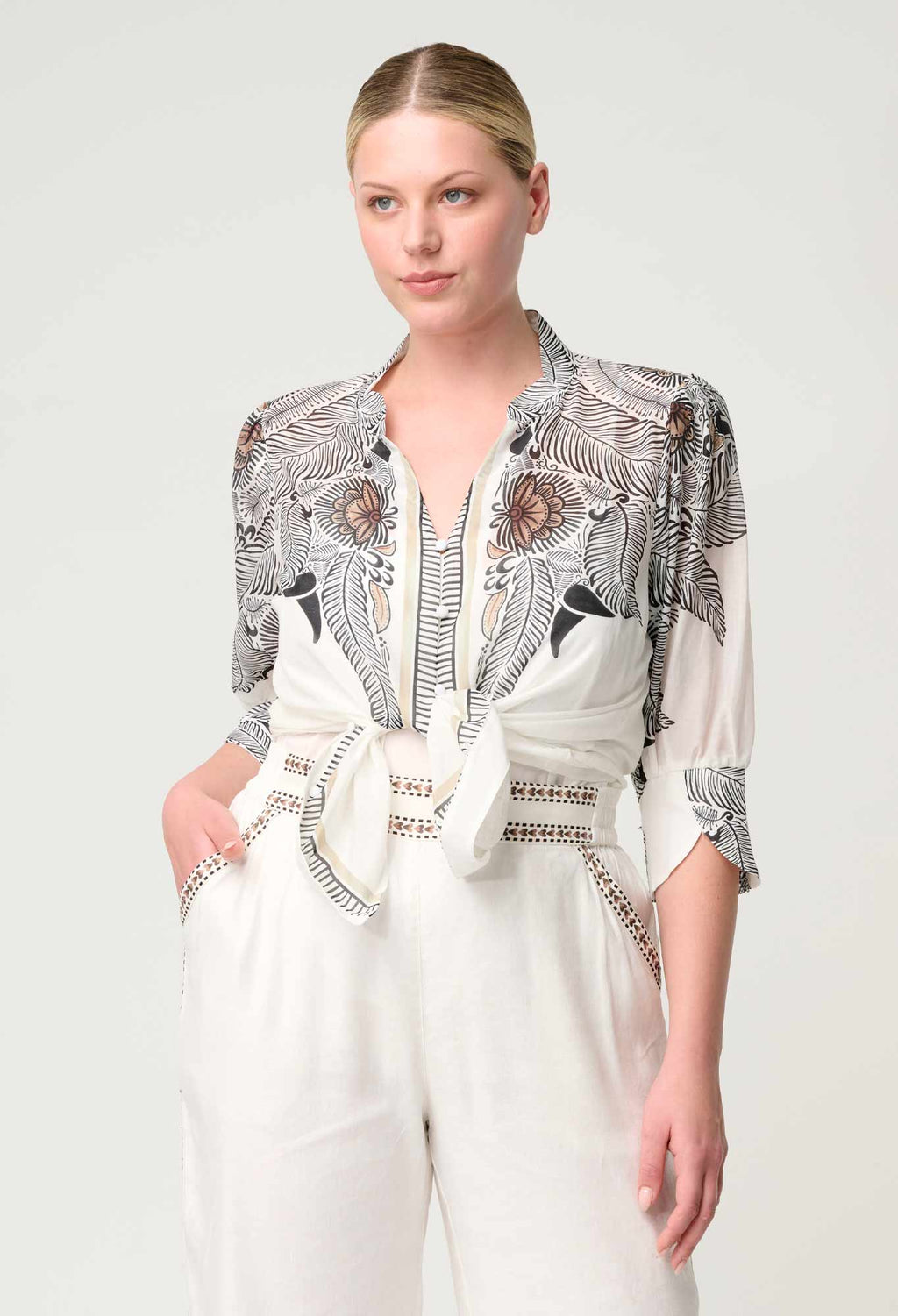 Shop Oncewas Leila Silk Cotton Print Curved Collar Shirt in Ivory Casablanca - OnceWas