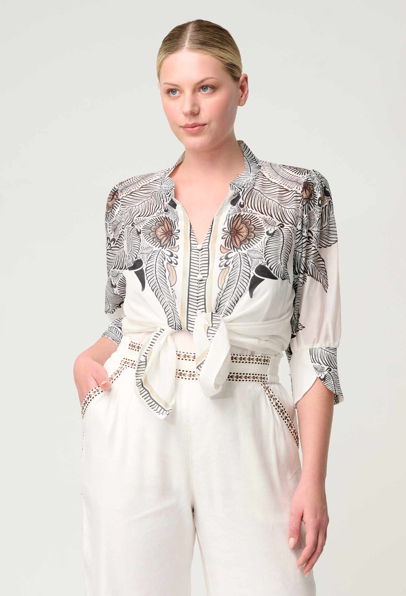 Shop Oncewas Leila Silk Cotton Print Curved Collar Shirt in Ivory Casablanca - OnceWas